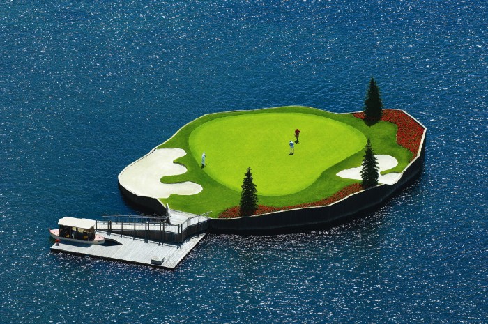 The Lake Coeur d'Alene golf course is one of the most unusual sports venues in the world.