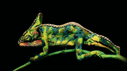 Full body painting create a perfect illusion of a colorful chameleon.