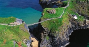 Stunning view on Carrick-a-Rede hanging bridge in Northern Ireland.