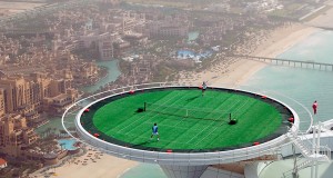 Tennis court at Burj Al Arab in the United Arab Emirates is one of the most unusual sports venues in the world.